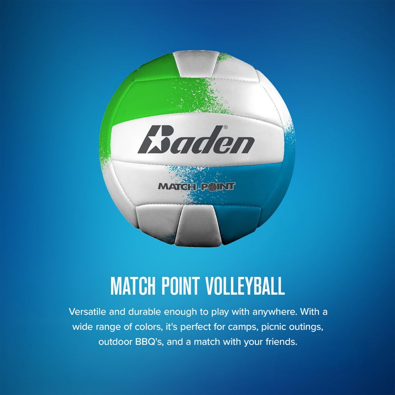 Baden | Match Point | Cushioned Synthetic Leather | Outdoor Recreation Backyard Volleyball + College Camp Ball | All Ages | Official Size 5 | Neon Green/Blue/White - Image 2